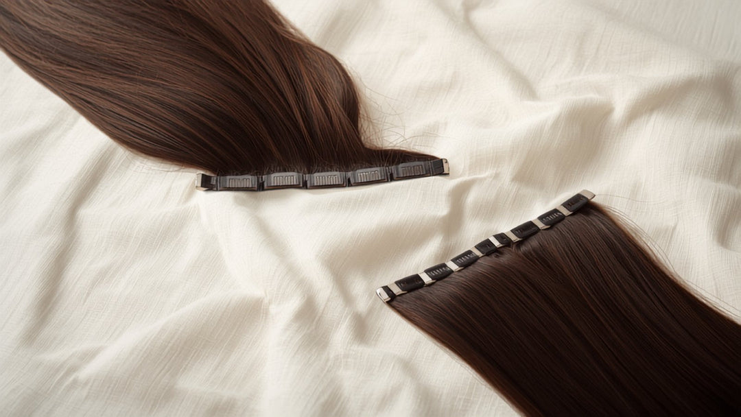 Natural black RAW Indian human hair clip-in extensions laid on soft linen for Remy & Virgin Hair Blog