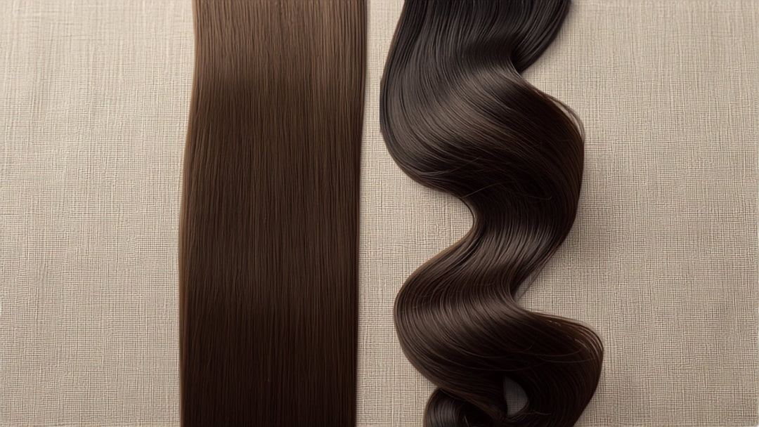 Side-by-side Remy processed weft and RAW Indian temple hair weft comparison on neutral linen for Remy & Virgin Hair Blog